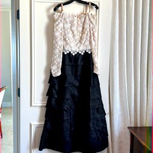 Scaasi Boutique gown size 8.  White Lace top / black sillk organza tiered skirt.